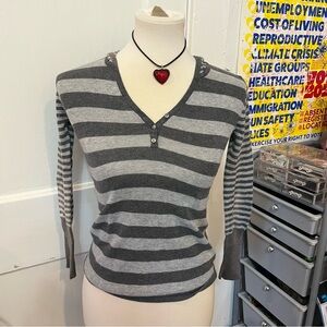 dark gray striped button v neck henley hooded long sleeve